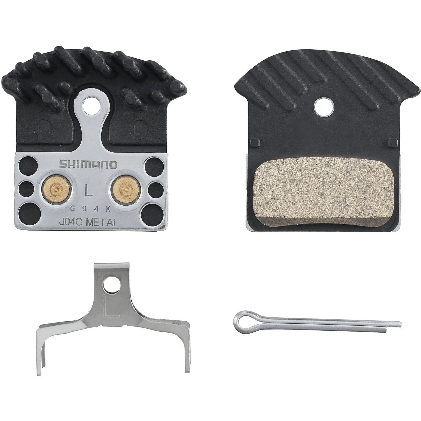 Shimano J04C disc brake pads and spring, cooling fins, alloy backed, sintered